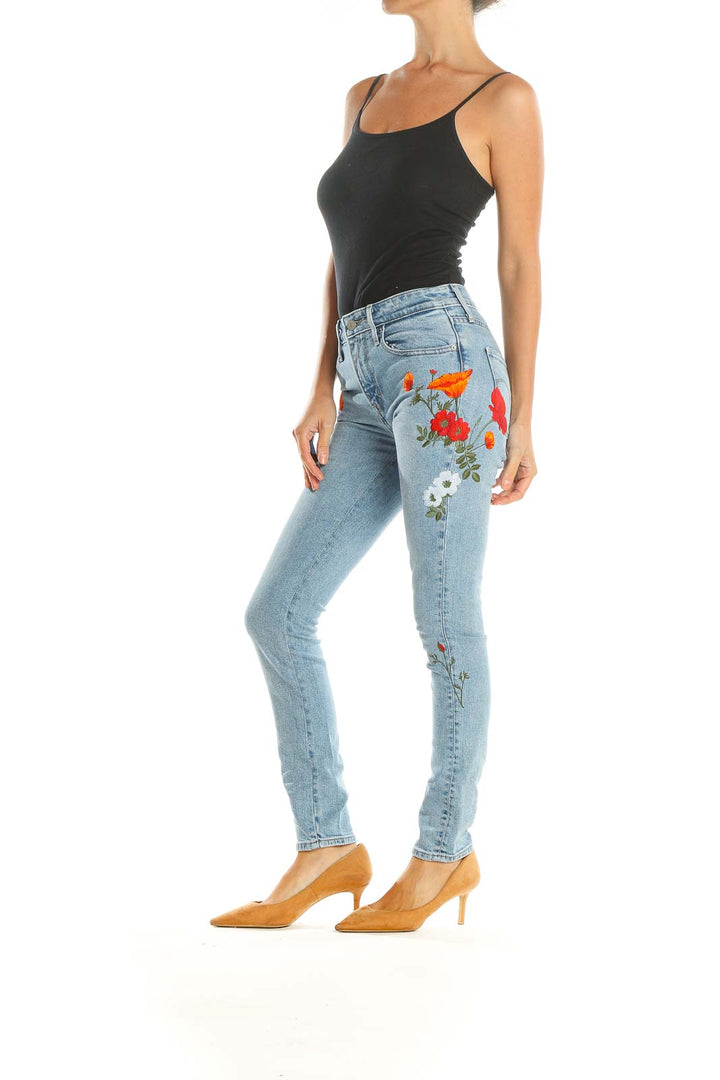 Blue Embroidered Skinny Jeans