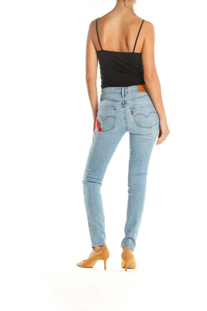 Blue Embroidered Skinny Jeans