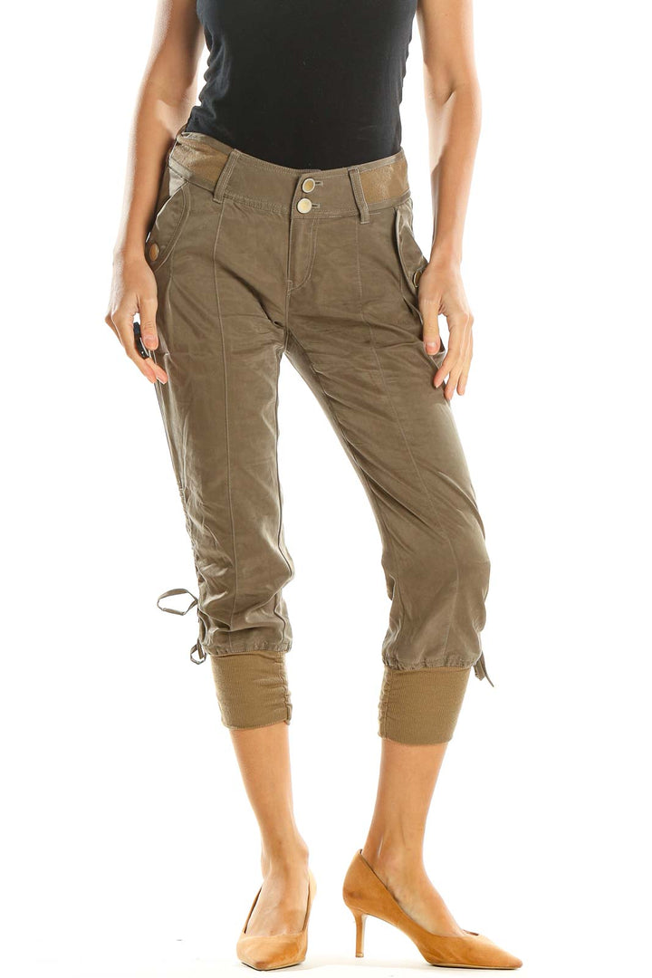 Brown Solid Cropped Cargo Pants