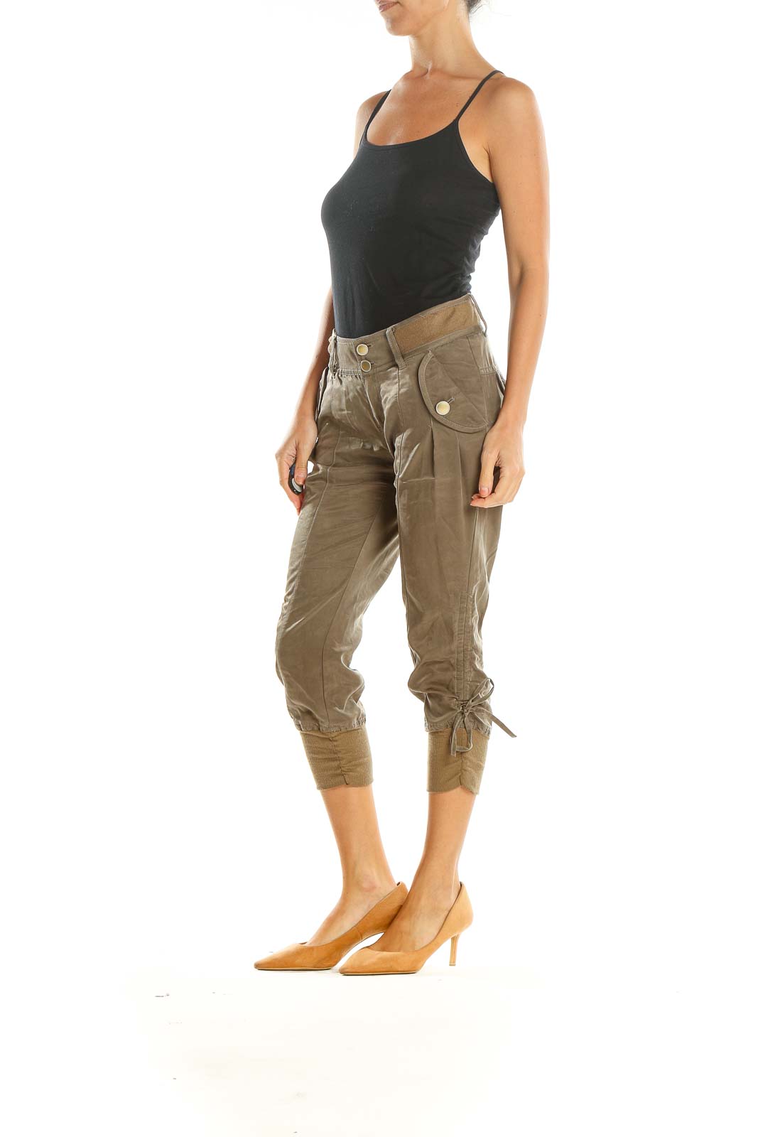 Brown Solid Cropped Cargo Pants