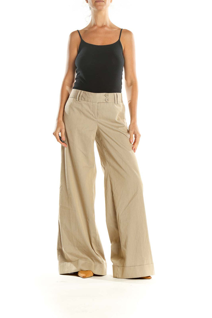 Beige Solid Classic Wide Leg Trousers