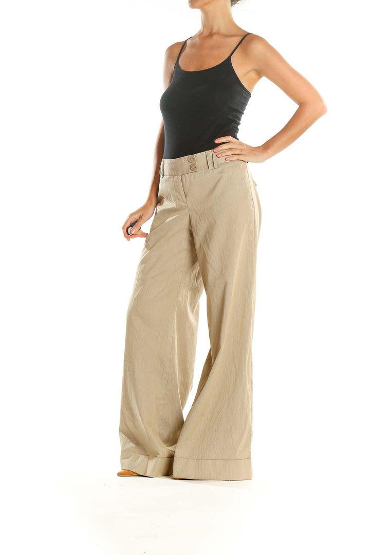 Beige Solid Classic Wide Leg Trousers