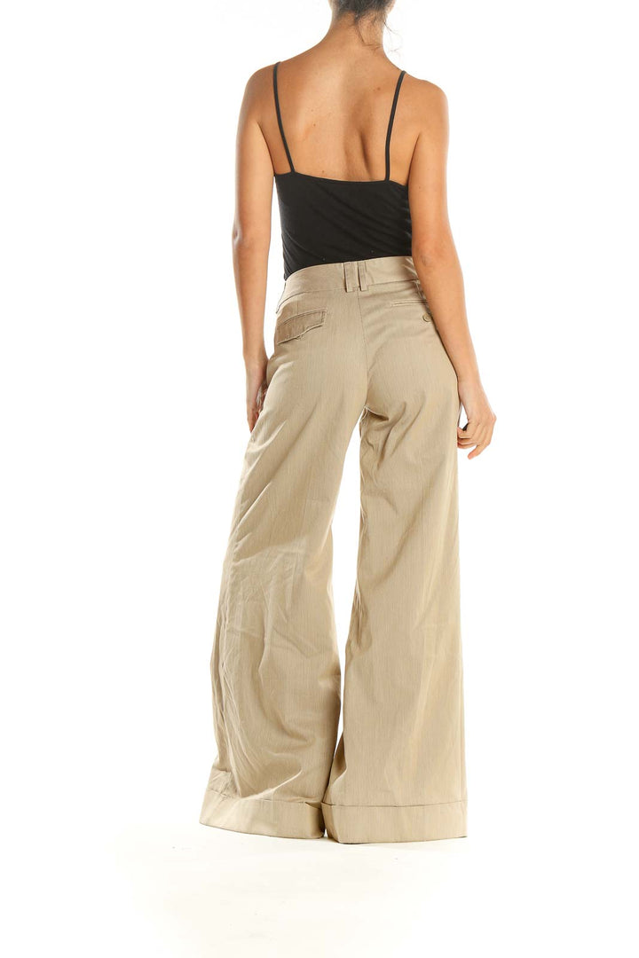 Beige Solid Classic Wide Leg Trousers