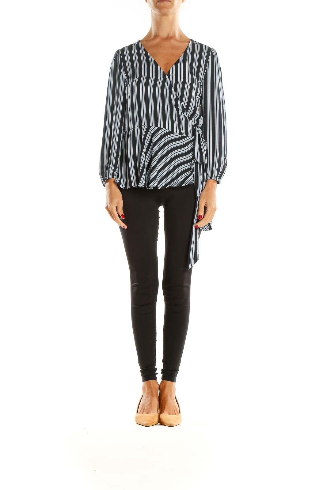 Black Blue Striped Brunch Wrap Top