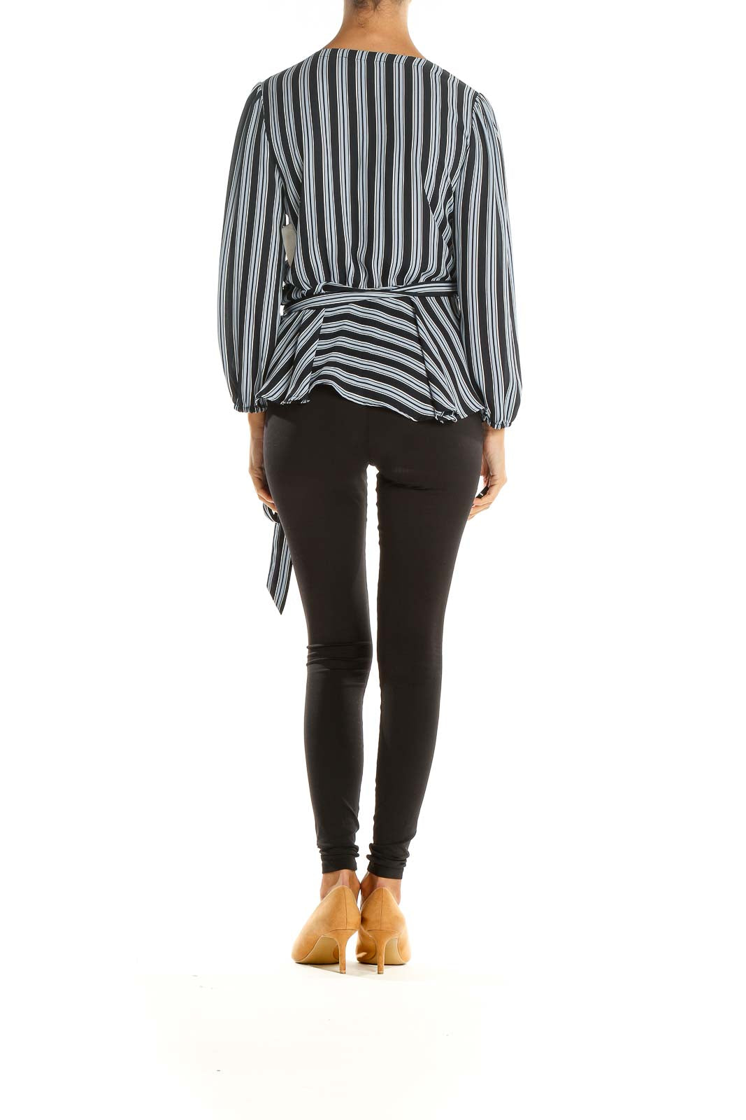 Black Blue Striped Brunch Wrap Top