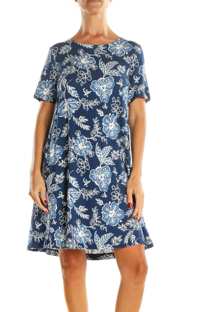 Blue Tropical Print Shift Dress