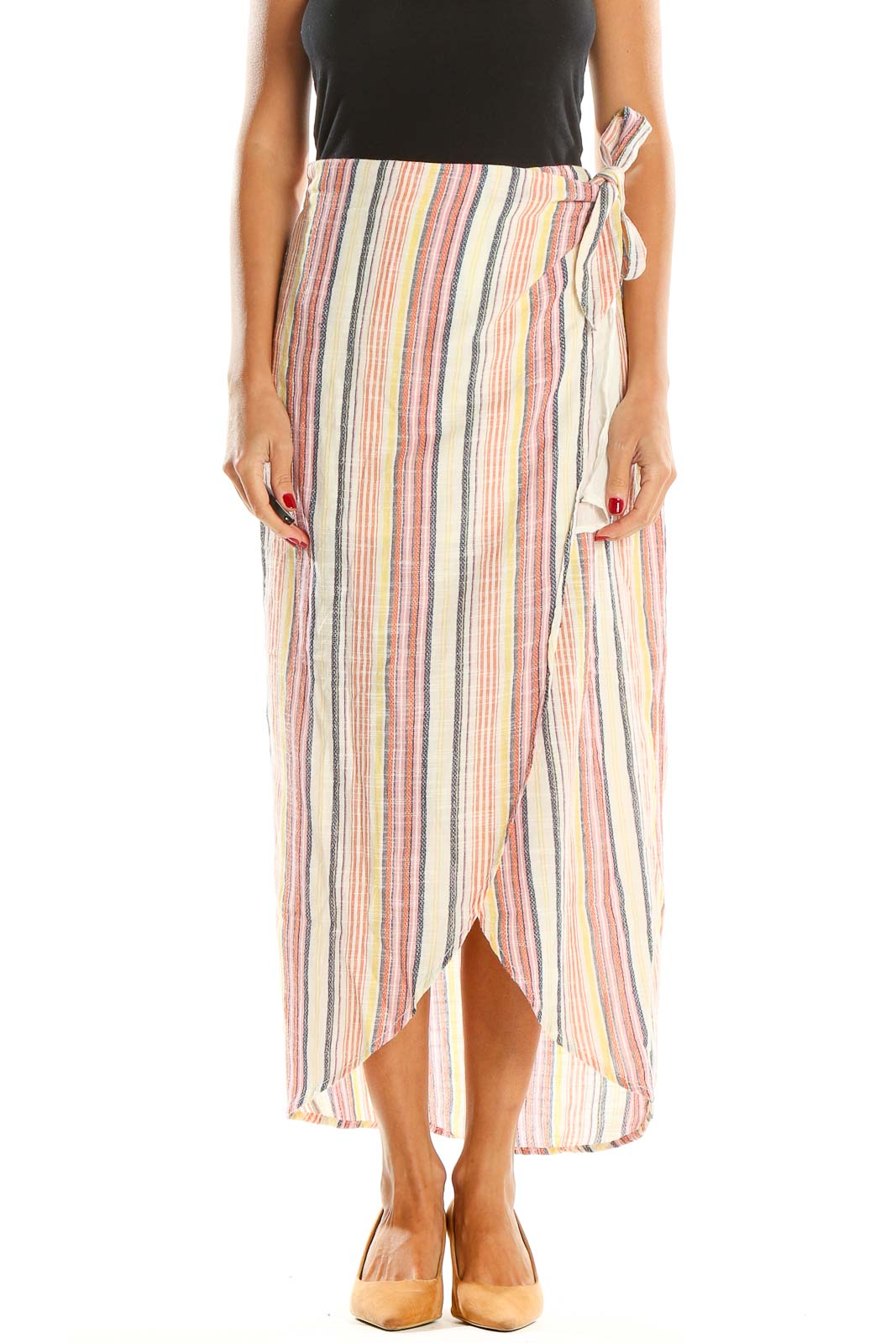 Front view of Free People multicolor striped wrap maxi skirt on model