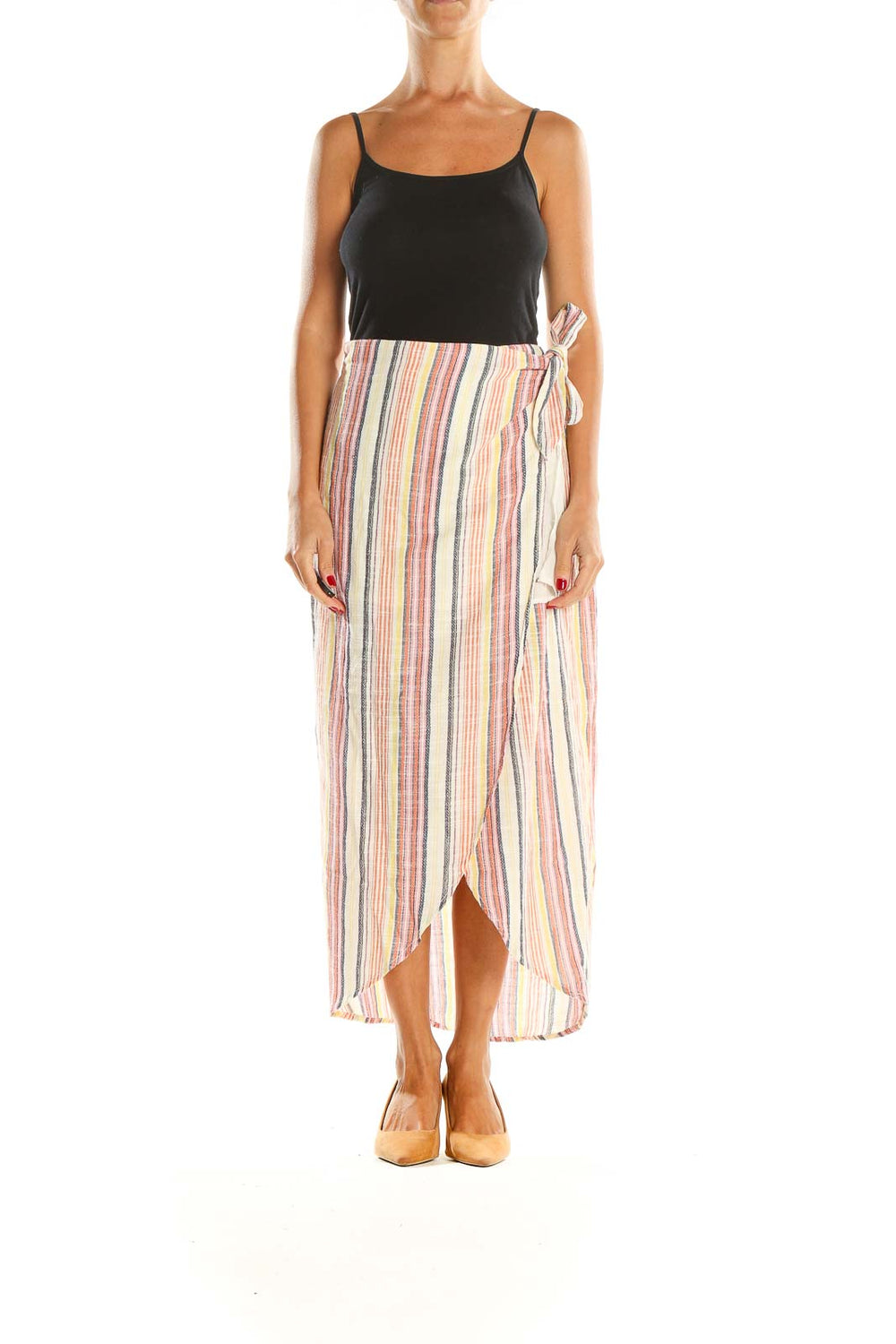 Front view of Free People multicolor striped wrap maxi skirt on model