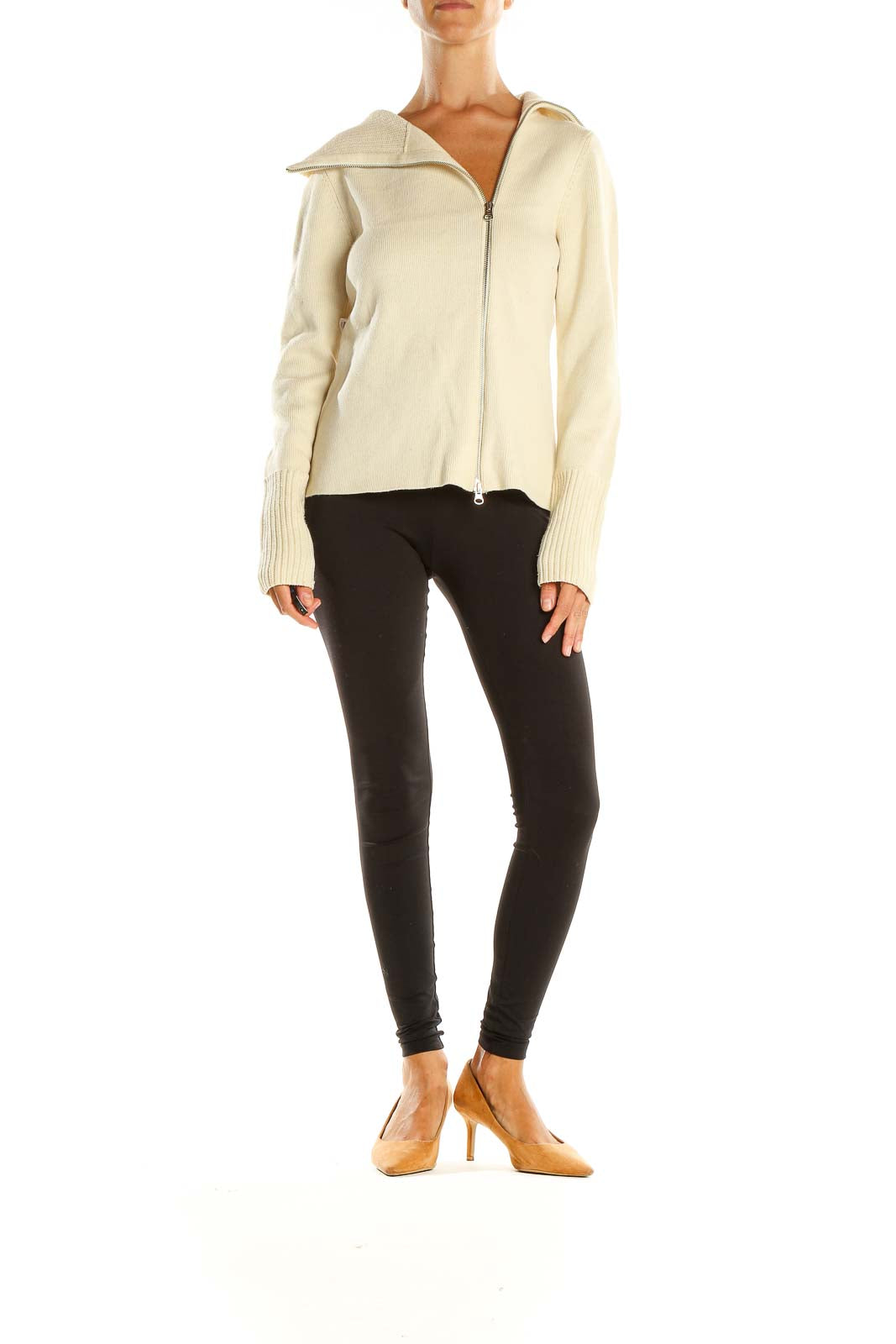 Beige Zip Up All Day Wear Sweater