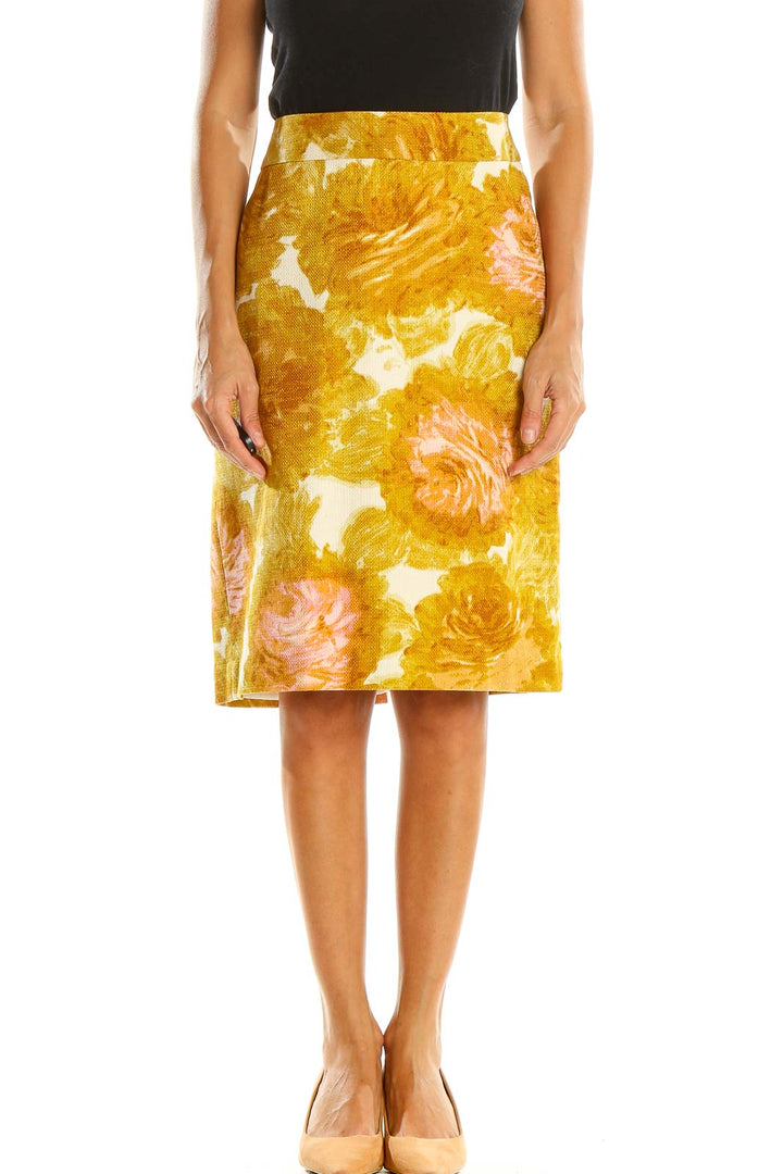 Yellow Floral Print Retro Pencil Skirt