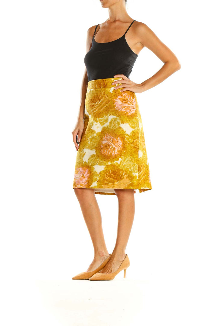 Yellow Floral Print Retro Pencil Skirt