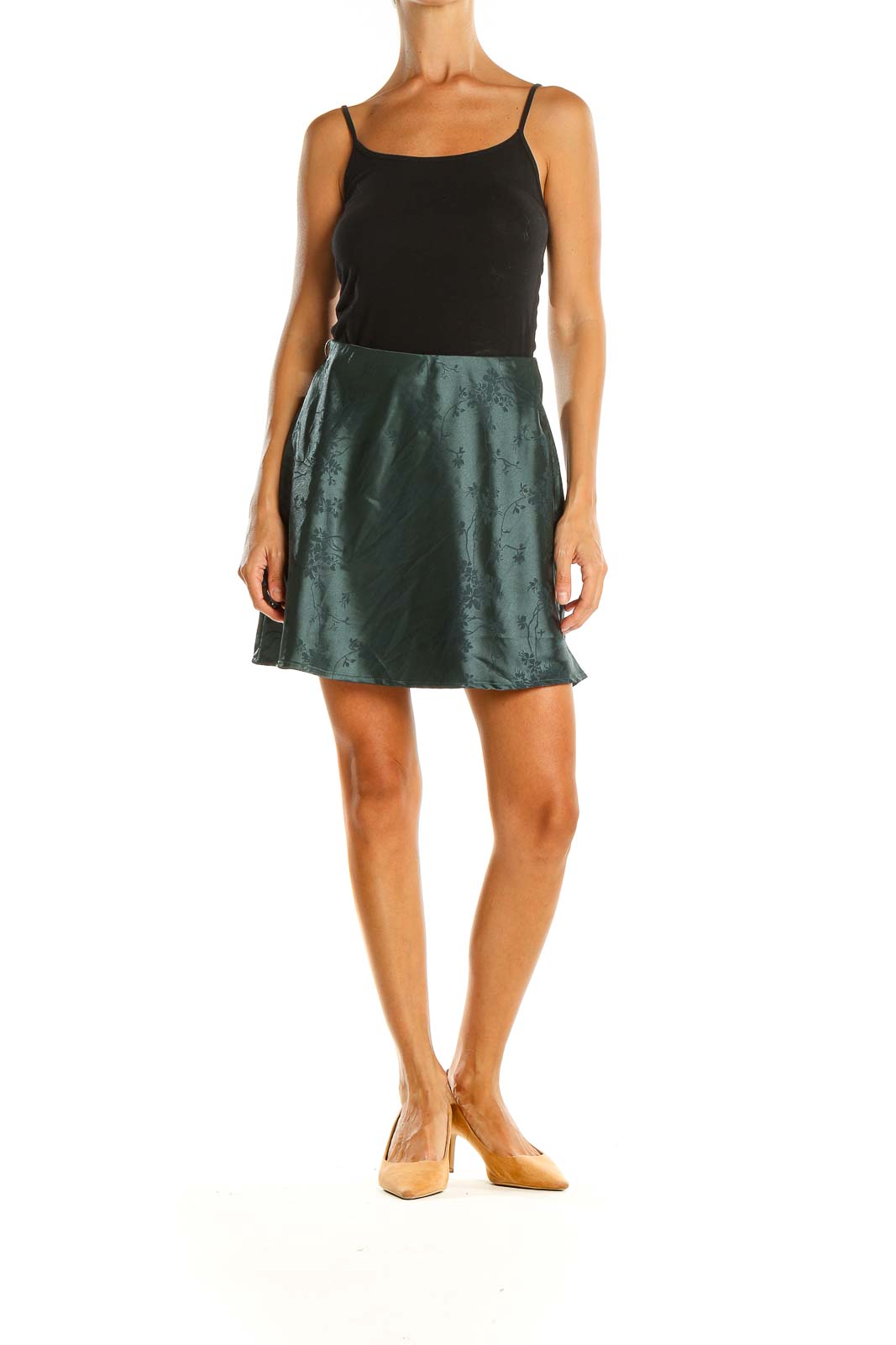 Green Floral Print Party A-Line Skirt