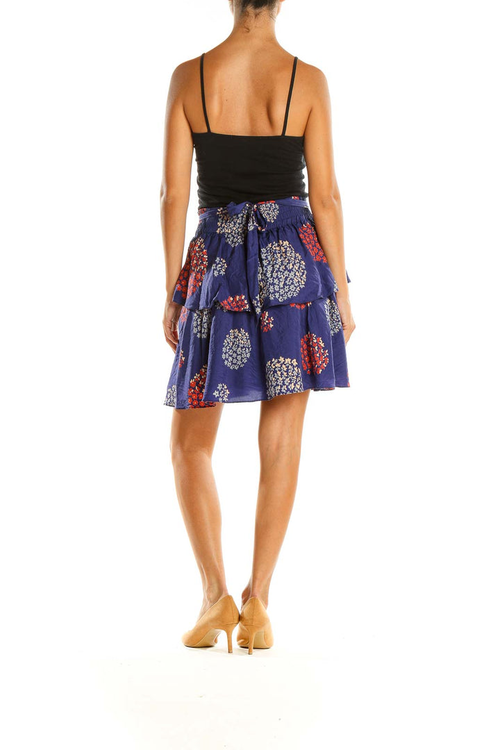 Blue Floral Print Ruffle Silk A-Line Skirt