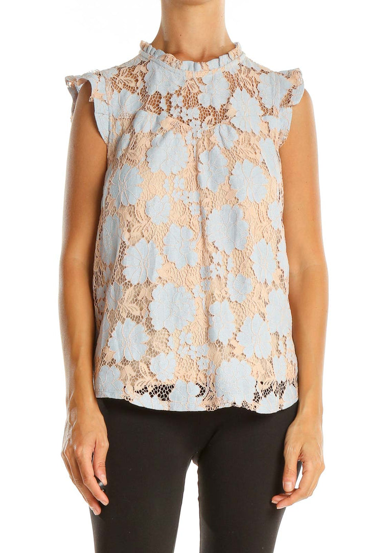 Beige Blue Lace Brunch Blouse