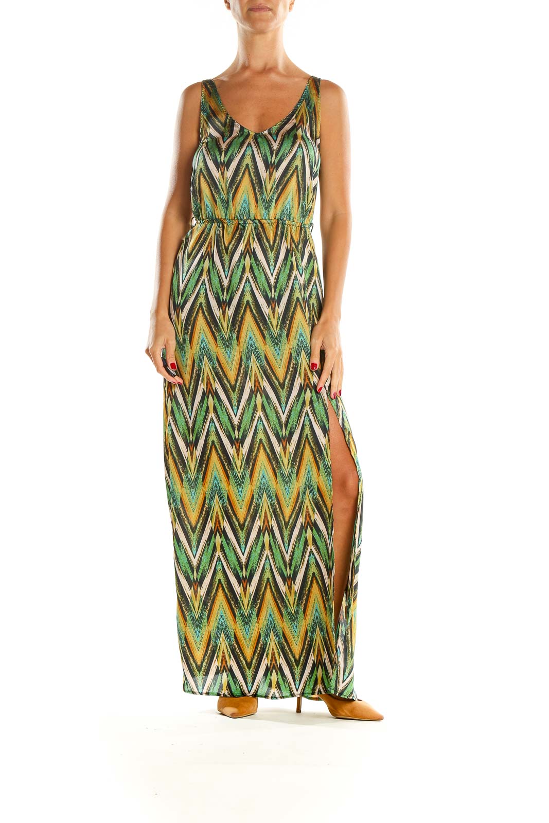 Green Chevron Holiday Column Dress