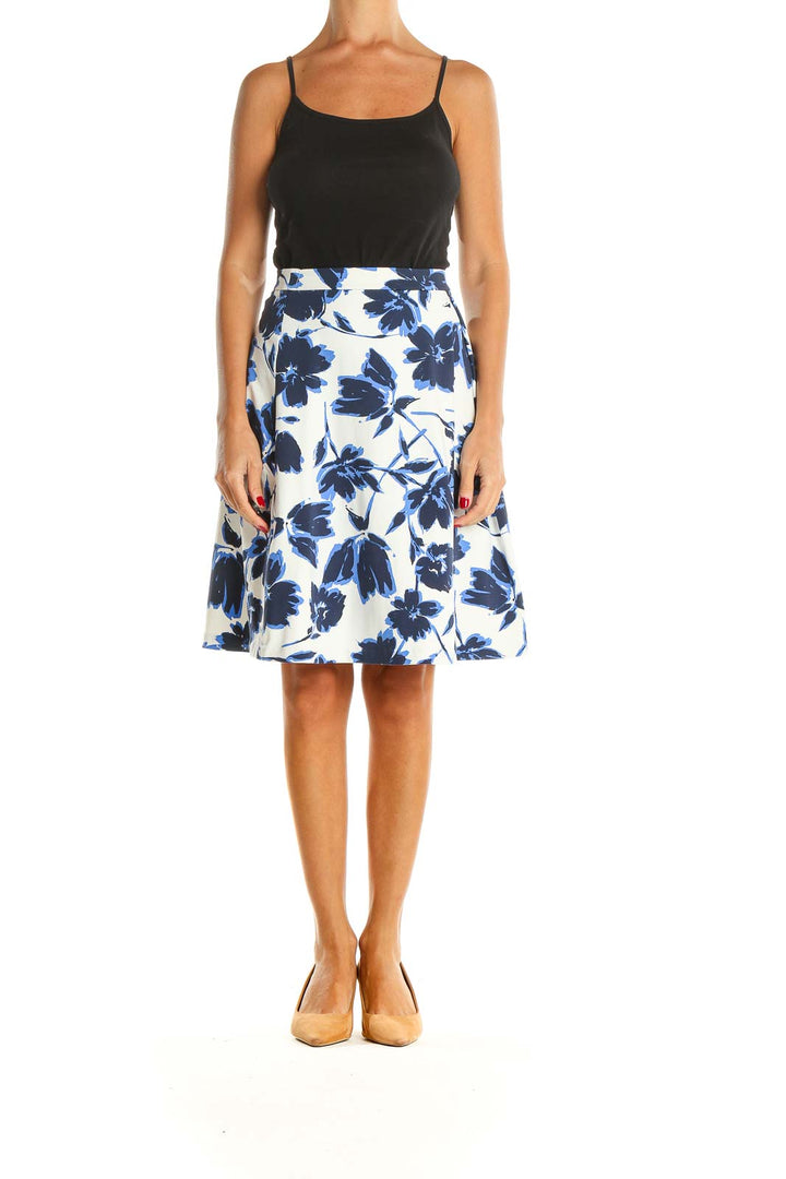 White Blue Floral Print Chic A-Line Skirt