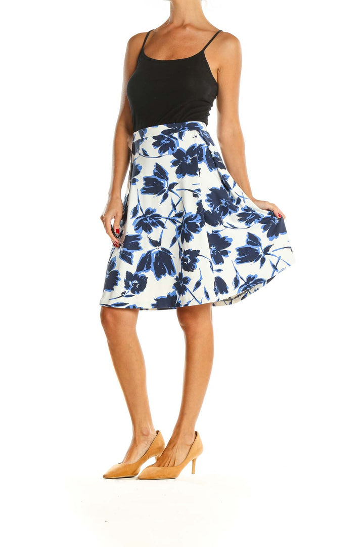 White Blue Floral Print Chic A-Line Skirt