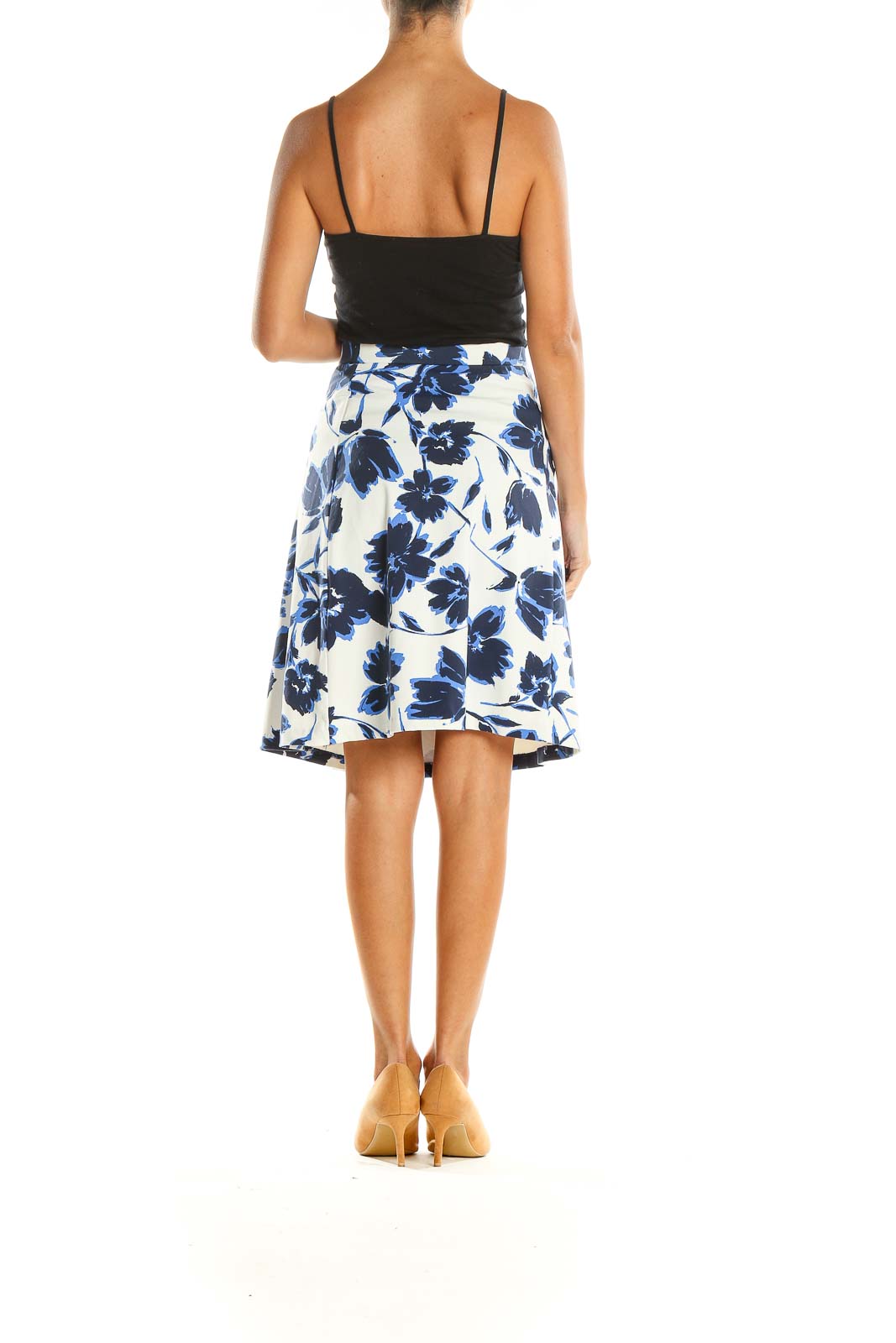 White Blue Floral Print Chic A-Line Skirt