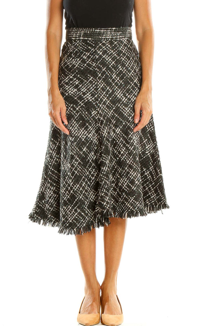 Black Woven Checkered Casual A-Line Skirt