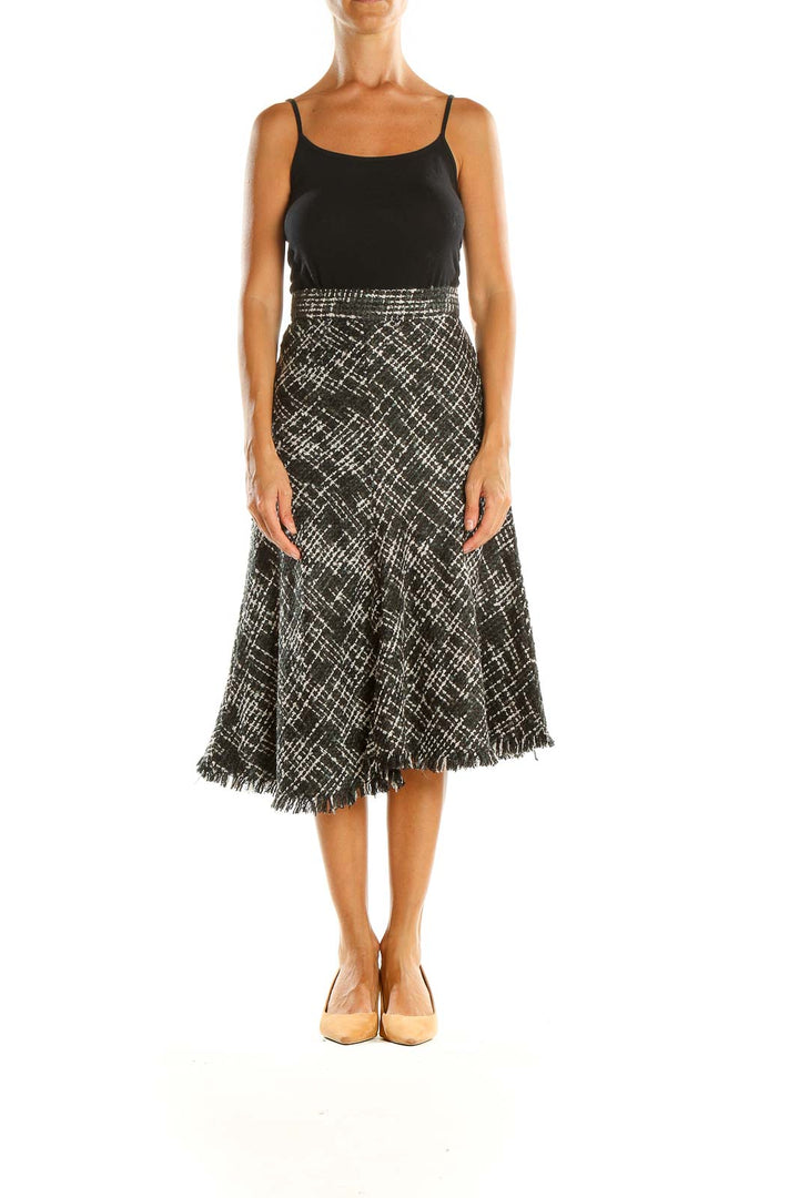 Black Woven Checkered Casual A-Line Skirt