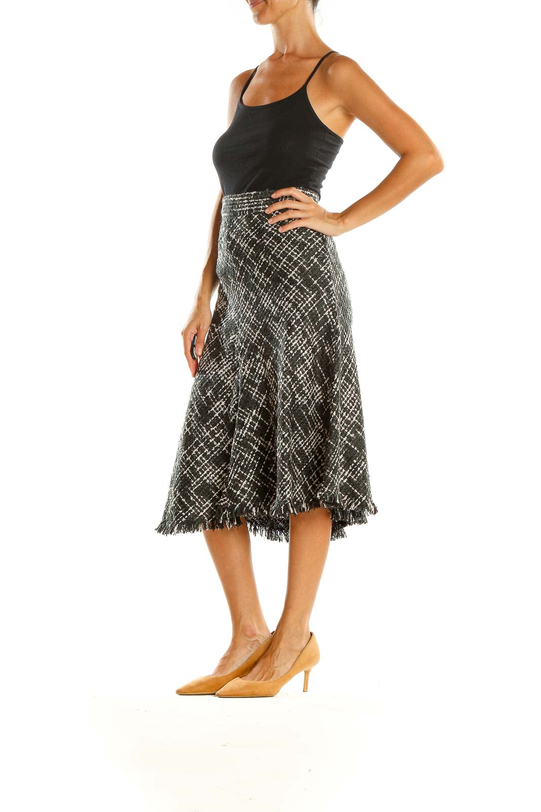 Black Woven Checkered Casual A-Line Skirt