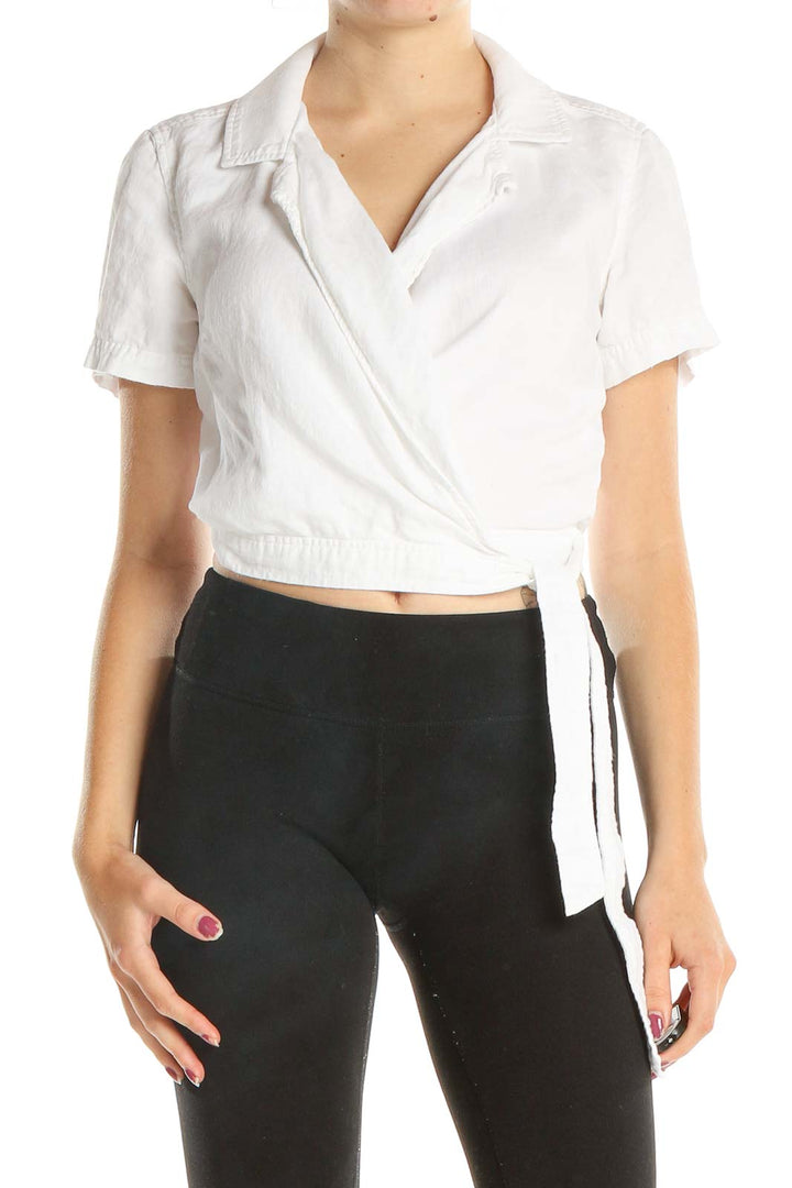 White Cropped Linen Chic Wrap Top