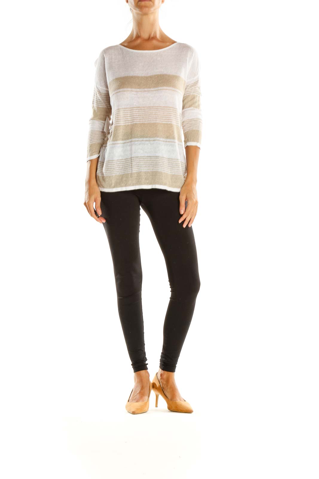 Beige Striped All Day Wear Sweater