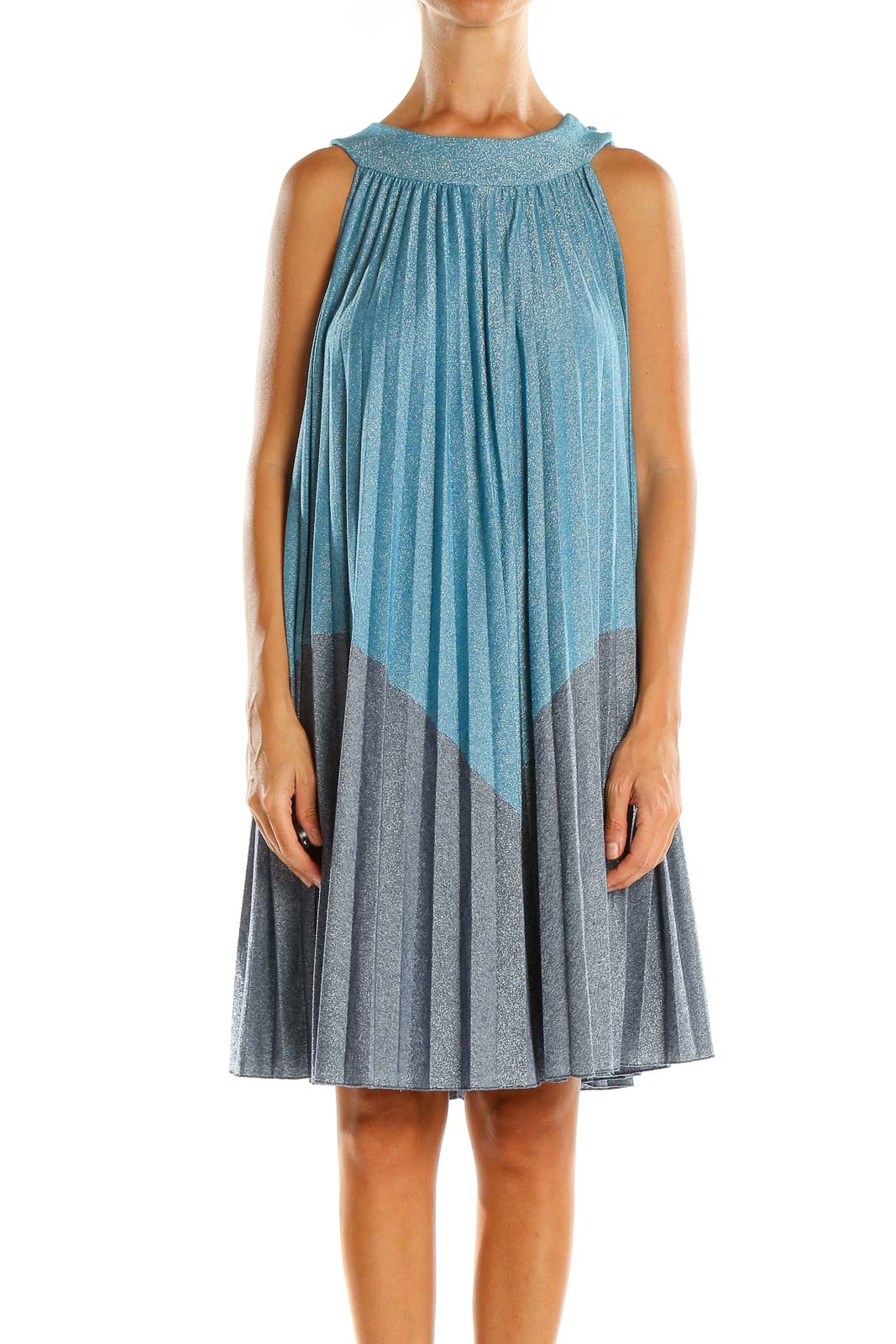 Front view of Free People blue and gray pleated sleeveless dress