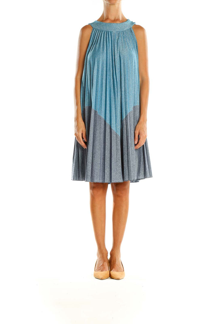 Front view of Free People blue and gray pleated sleeveless dress