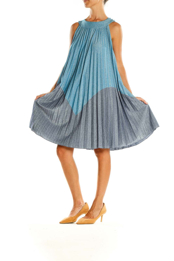 Front view of Free People blue and gray pleated sleeveless dress