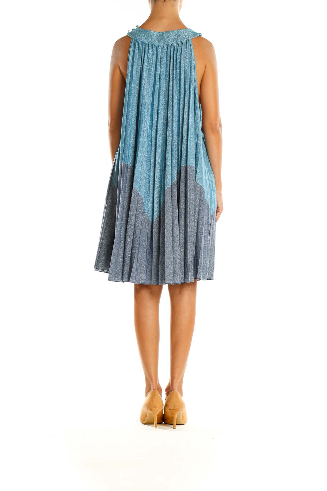 Back view of Free People blue and gray pleated sleeveless dress