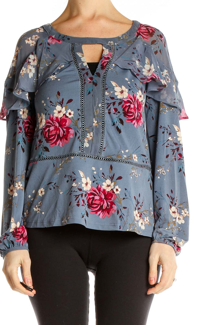 Blue Floral Print Ruffle Blouse