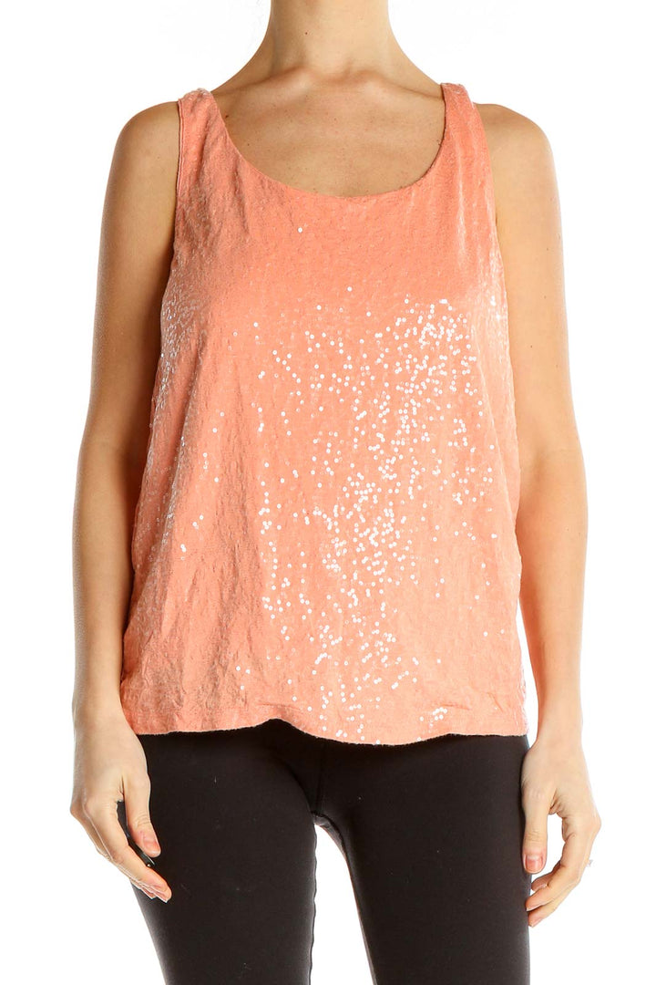 Front view of coral sequined sleeveless tank top from Talbots