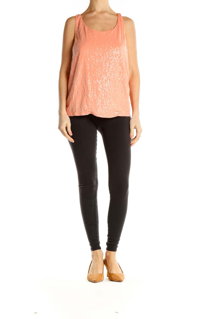 Front view of coral sequined sleeveless tank top from Talbots