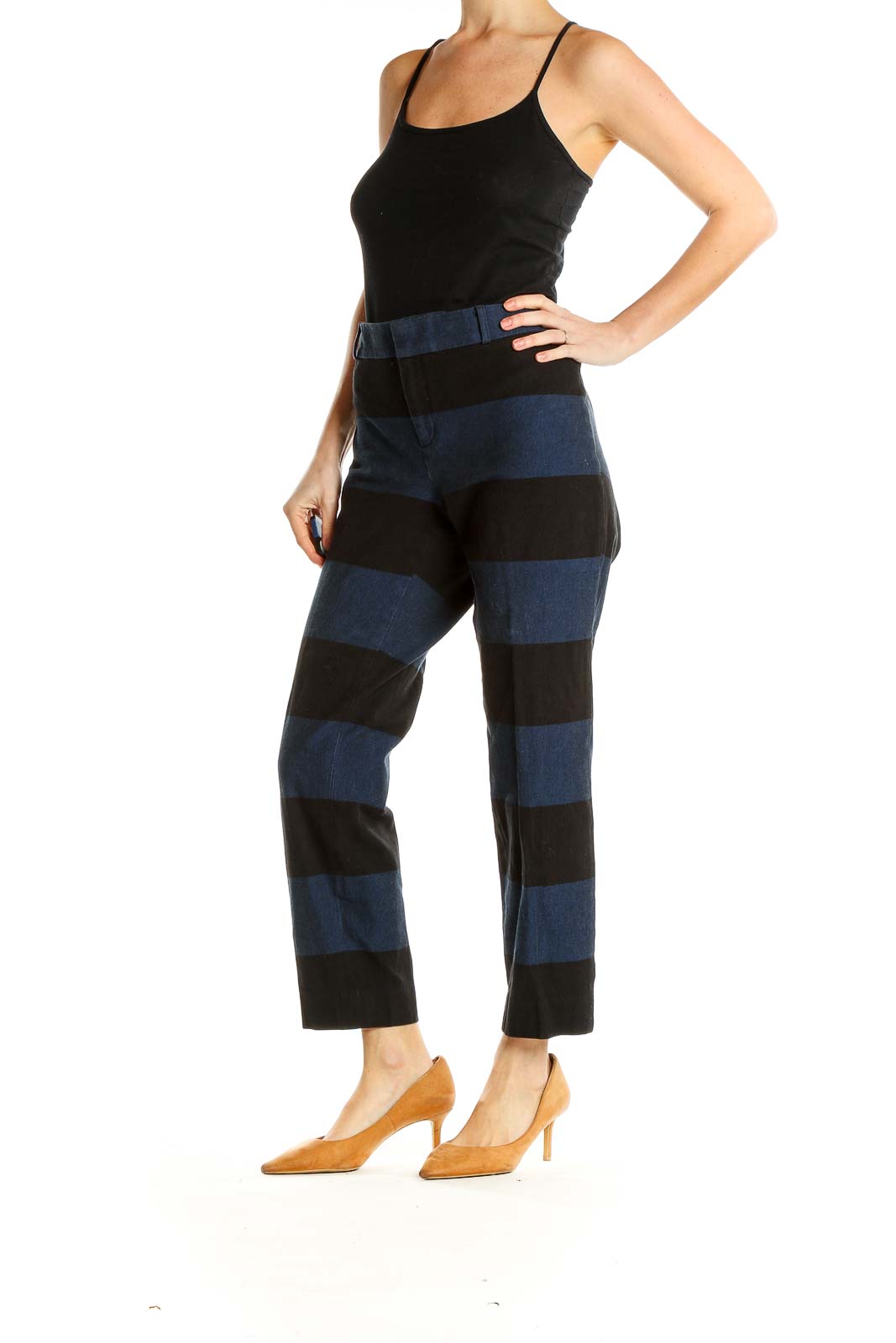 Blue Black Striped Cropped Trousers