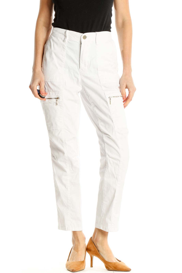 White Cargo-Zipper Straight Leg Pants