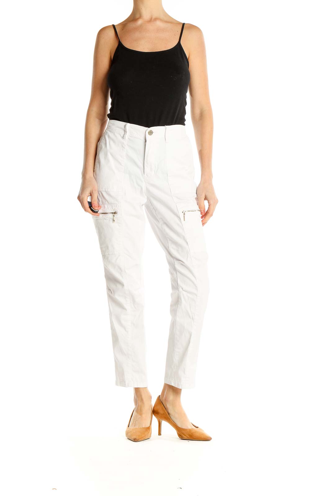 White Cargo-Zipper Straight Leg Pants