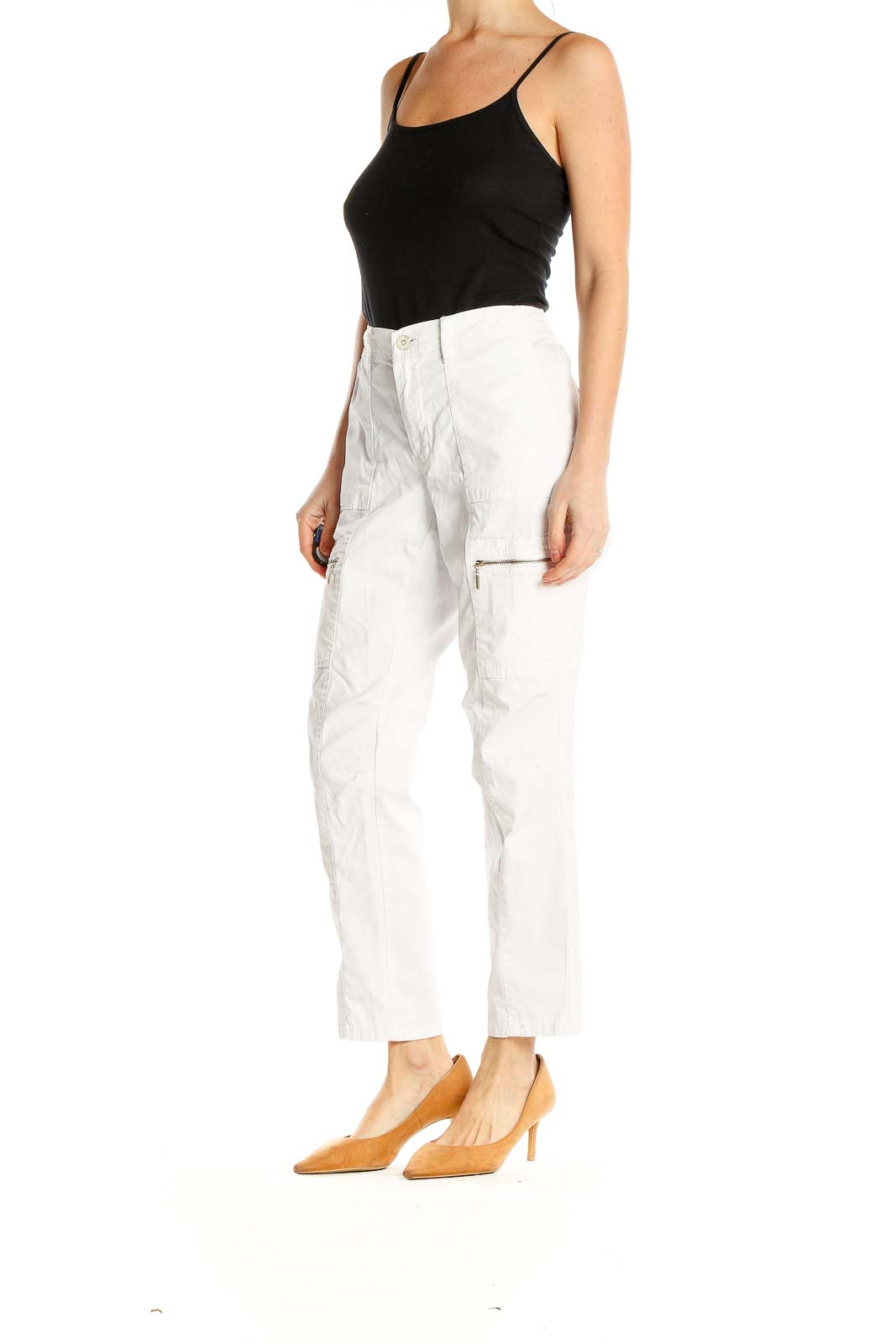 White Cargo-Zipper Straight Leg Pants