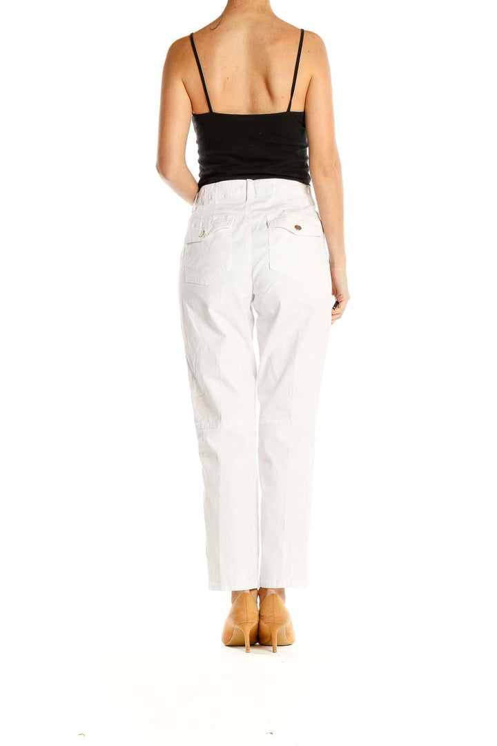 White Cargo-Zipper Straight Leg Pants