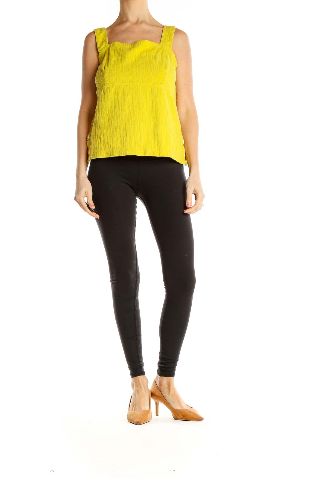 Yellow Textured Square Neck Tank Top