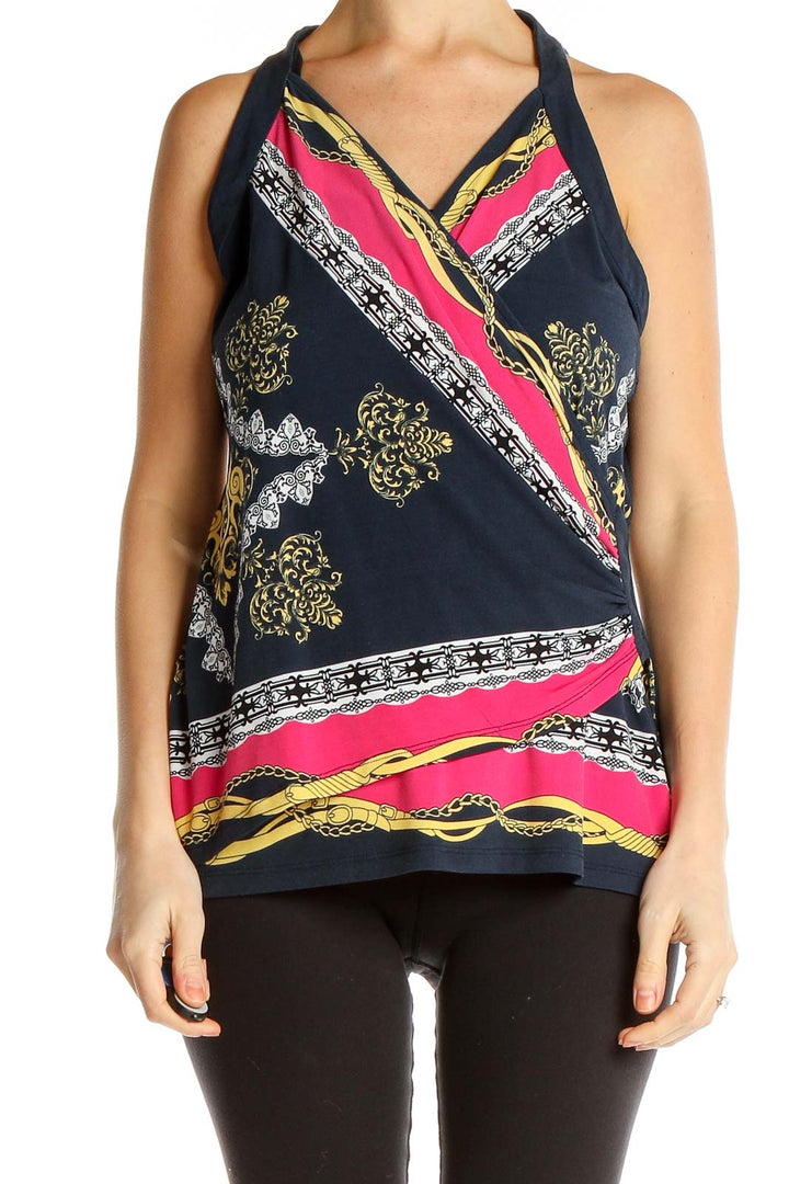 Blue Pink Printed Retro Wrap Tank Top