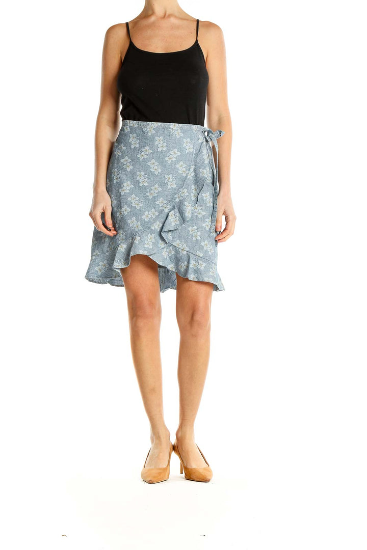 Blue Cotton Printed Chic Ruffle Wrap Skirt