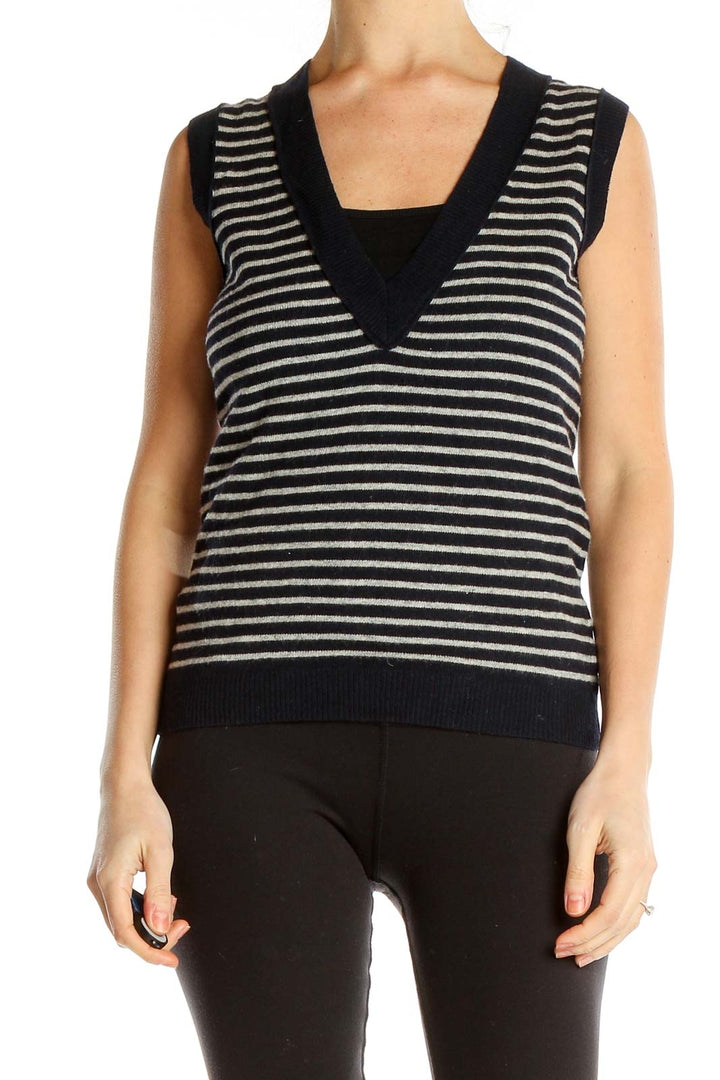 Front view of J.Crew black and gray striped sleeveless V-neck knit top