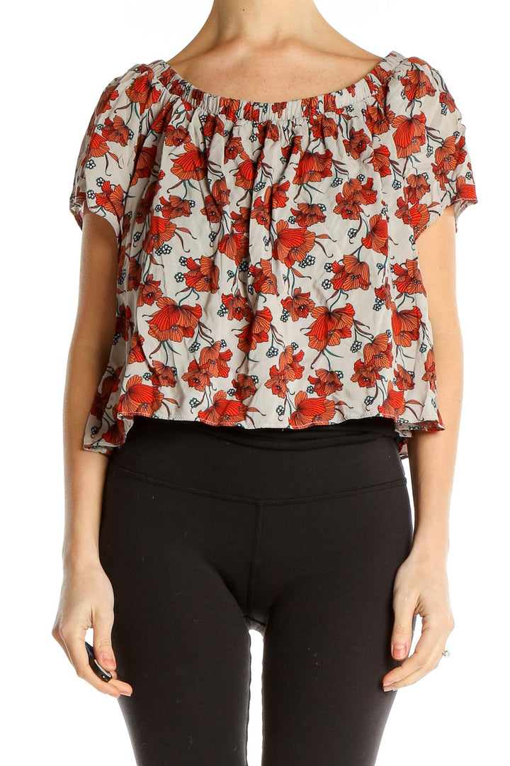 Gray Red Floral Print Bohemian Cropped Blouse