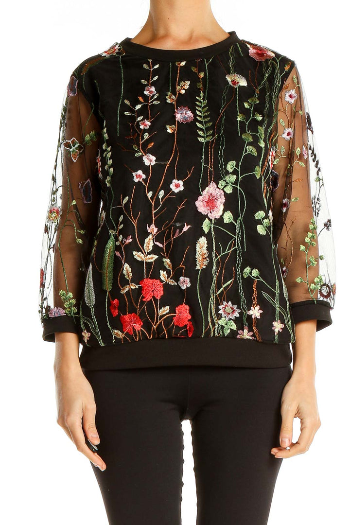 Black Floral Embroidery Bohemian Top