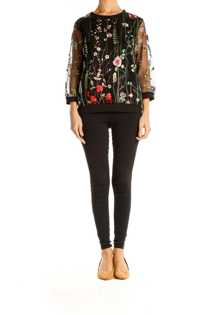 Black Floral Embroidery Bohemian Top