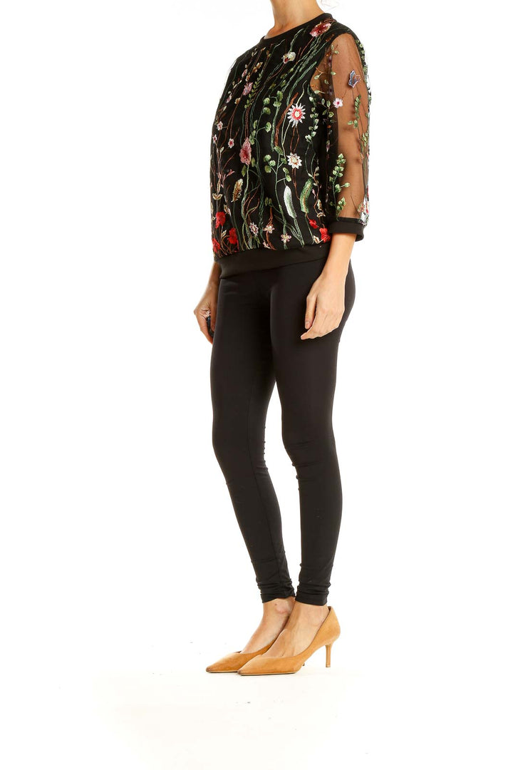 Black Floral Embroidery Bohemian Top