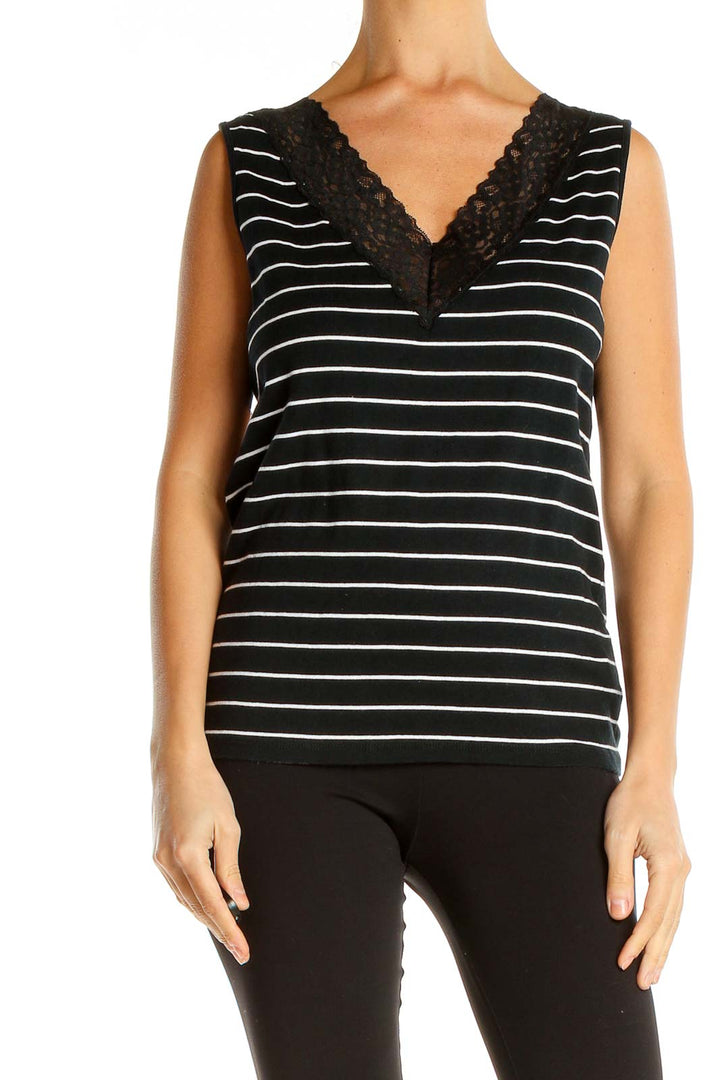 Black White Striped Casual Tank Top with Lace Trim