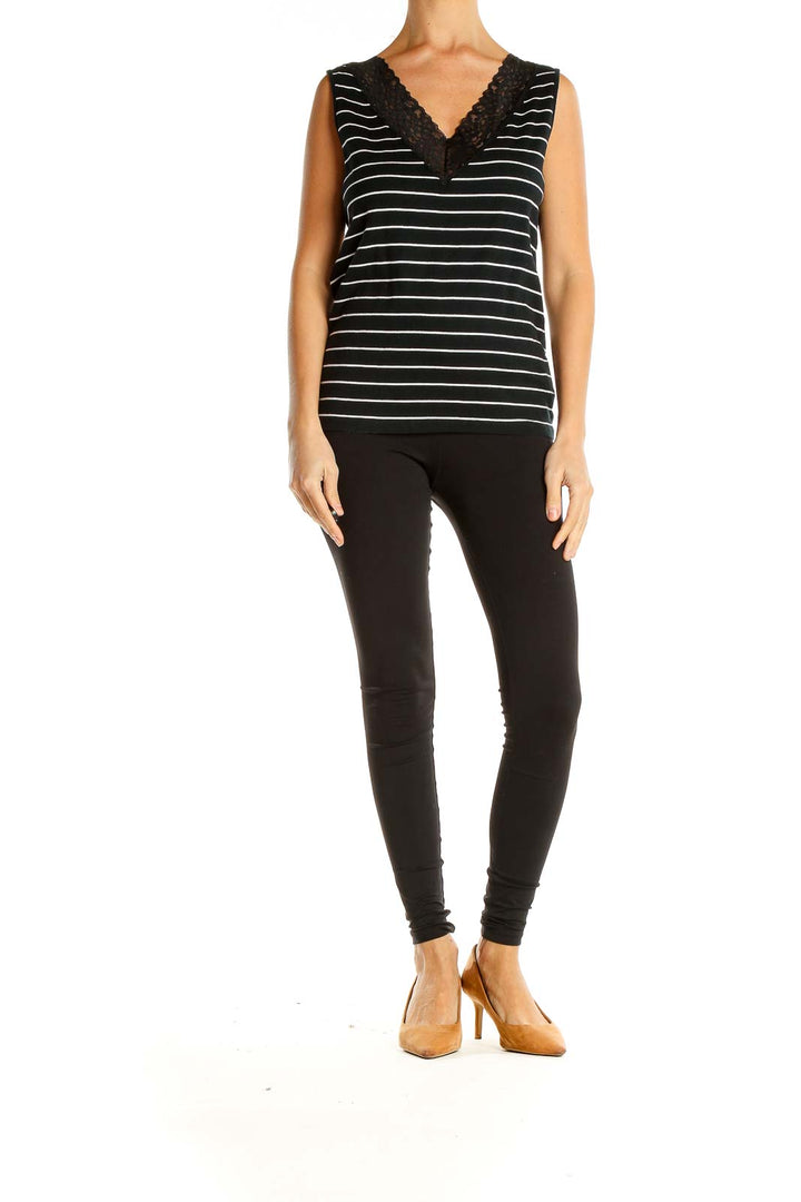 Black White Striped Casual Tank Top with Lace Trim