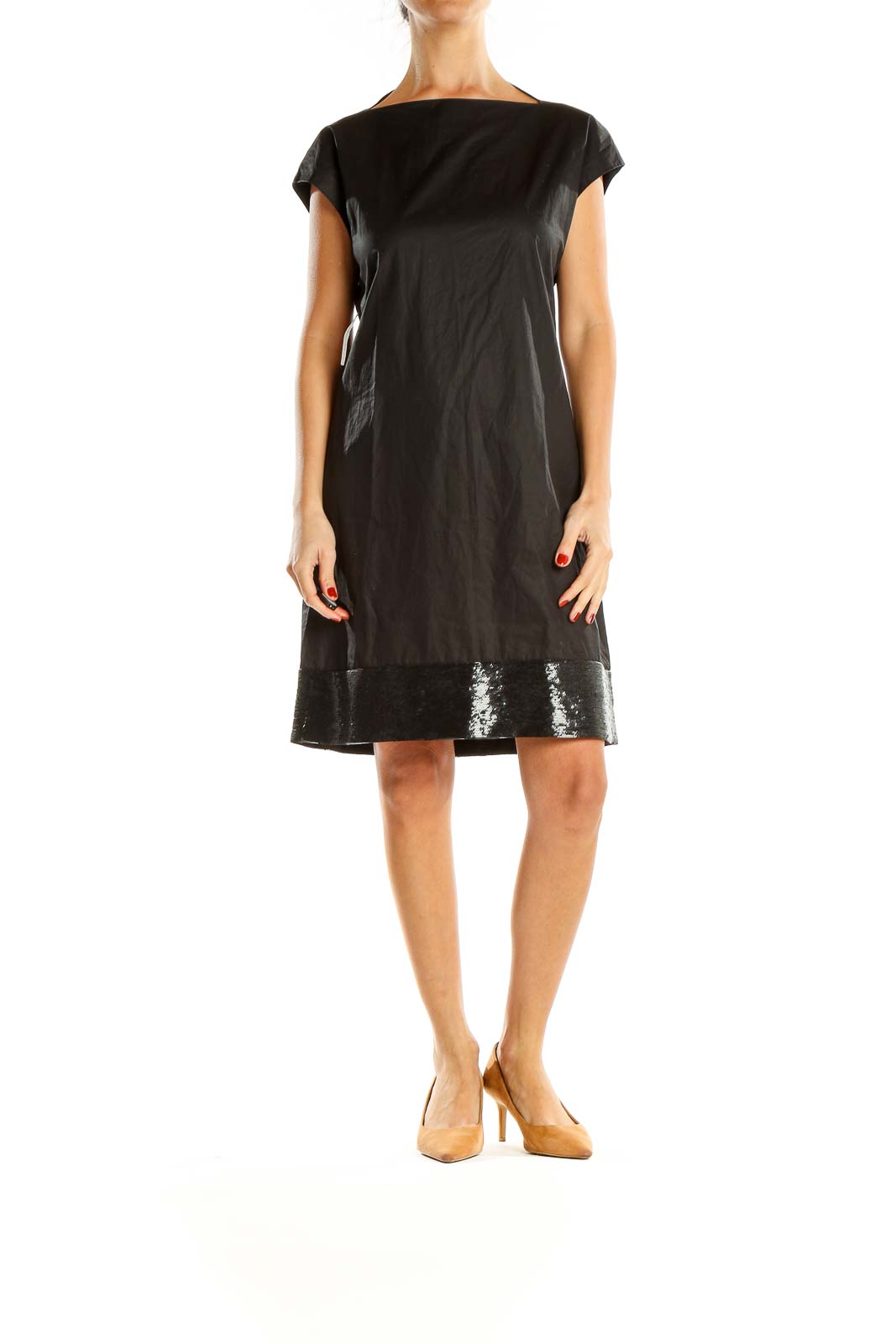 Black Sequin Trim Cocktail Shift Dress